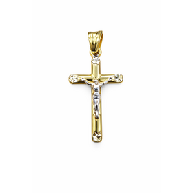 77346 14K TWO TONE 1.35" HIGH POLISH DIAMOND CUT TIPS CRUCIFIX CHARM