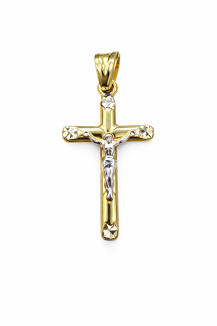 77346 14K TWO TONE 1.35" HIGH POLISH DIAMOND CUT TIPS CRUCIFIX CHARM