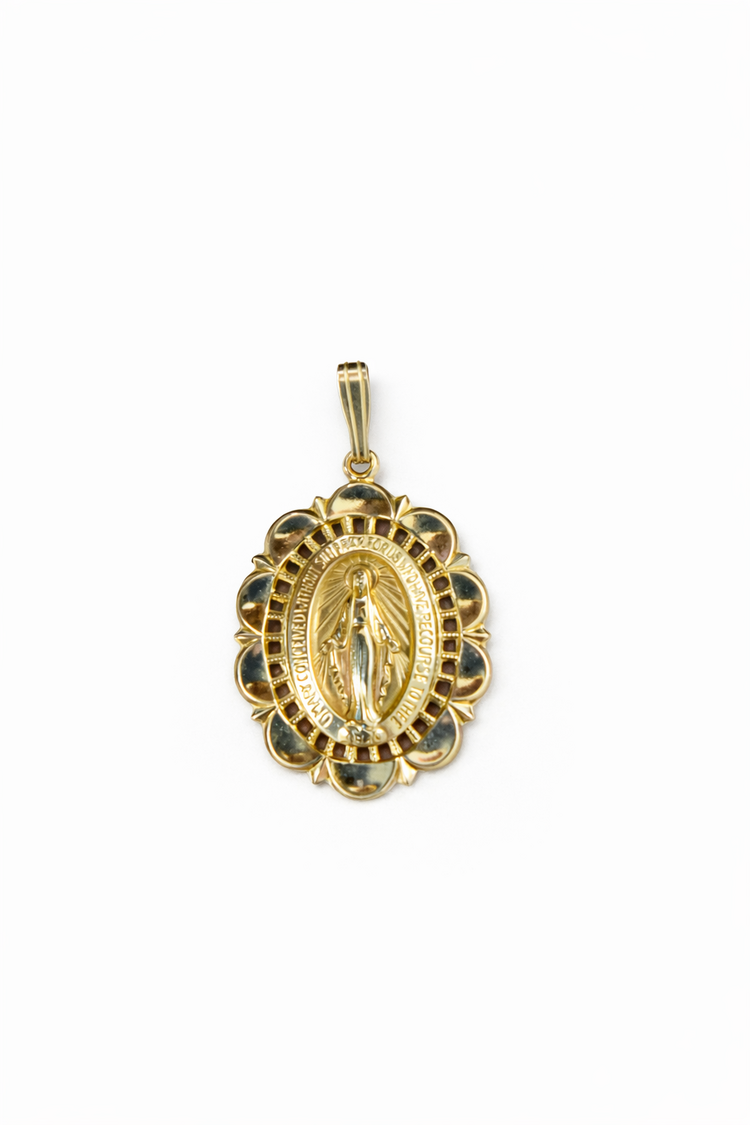 77342 14K YELLOW GOLD 32MM  HIGH POLISH FILIGREE STYLE MIRACULOUS MEDAL