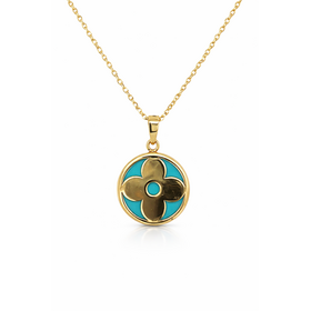70157 14K YELLOW GOLD TURQUOISE FLOWER ROUND PENDANT NECKLACE