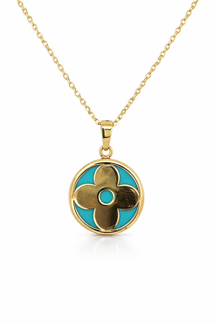 70157 14K YELLOW GOLD TURQUOISE FLOWER ROUND PENDANT NECKLACE