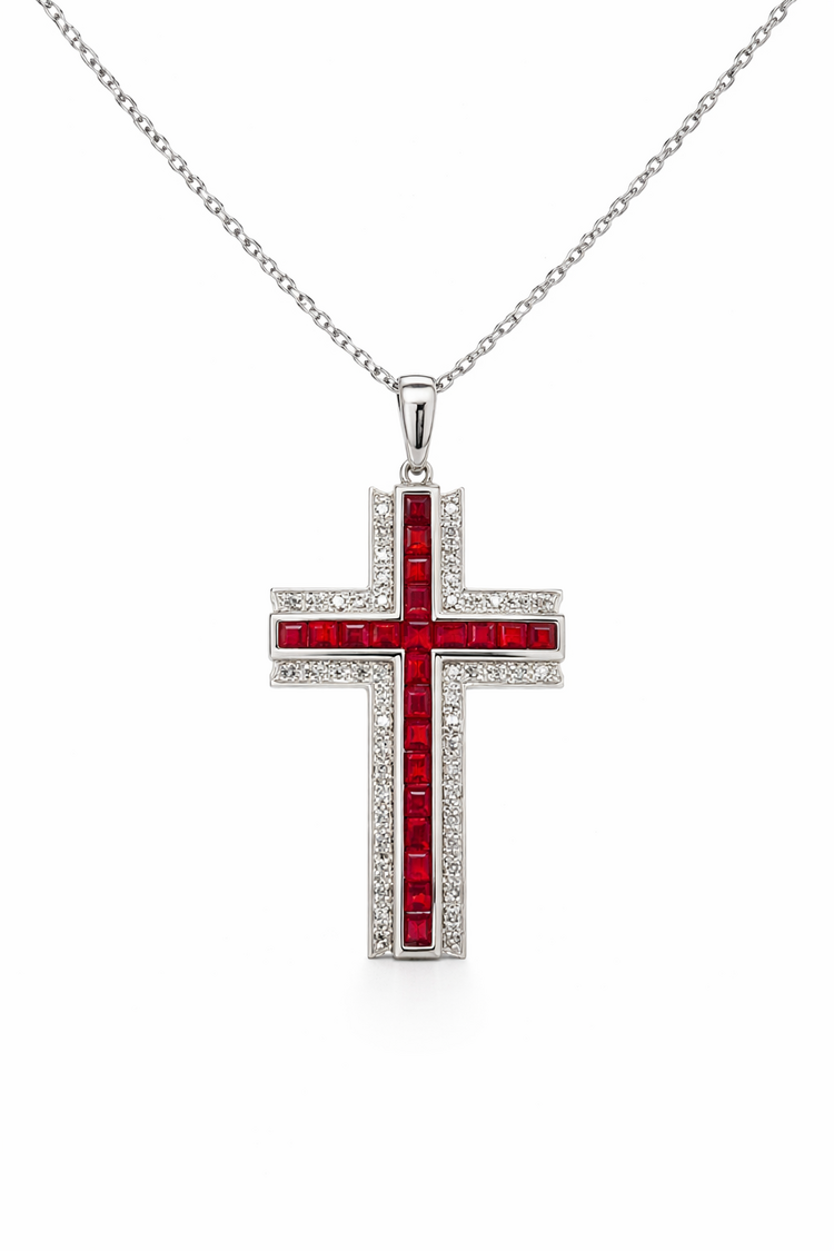 70637 14K WHITE GOLD RUBY WITH .25CT DIAMOND GLITTER BORDER CROSS
