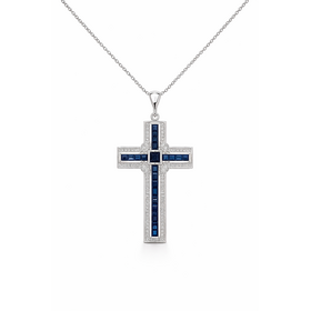 70636 14K WHITE GOLD SAPPHIRE WITH DIAMOND CENTER BORDER CROSS PENDANT