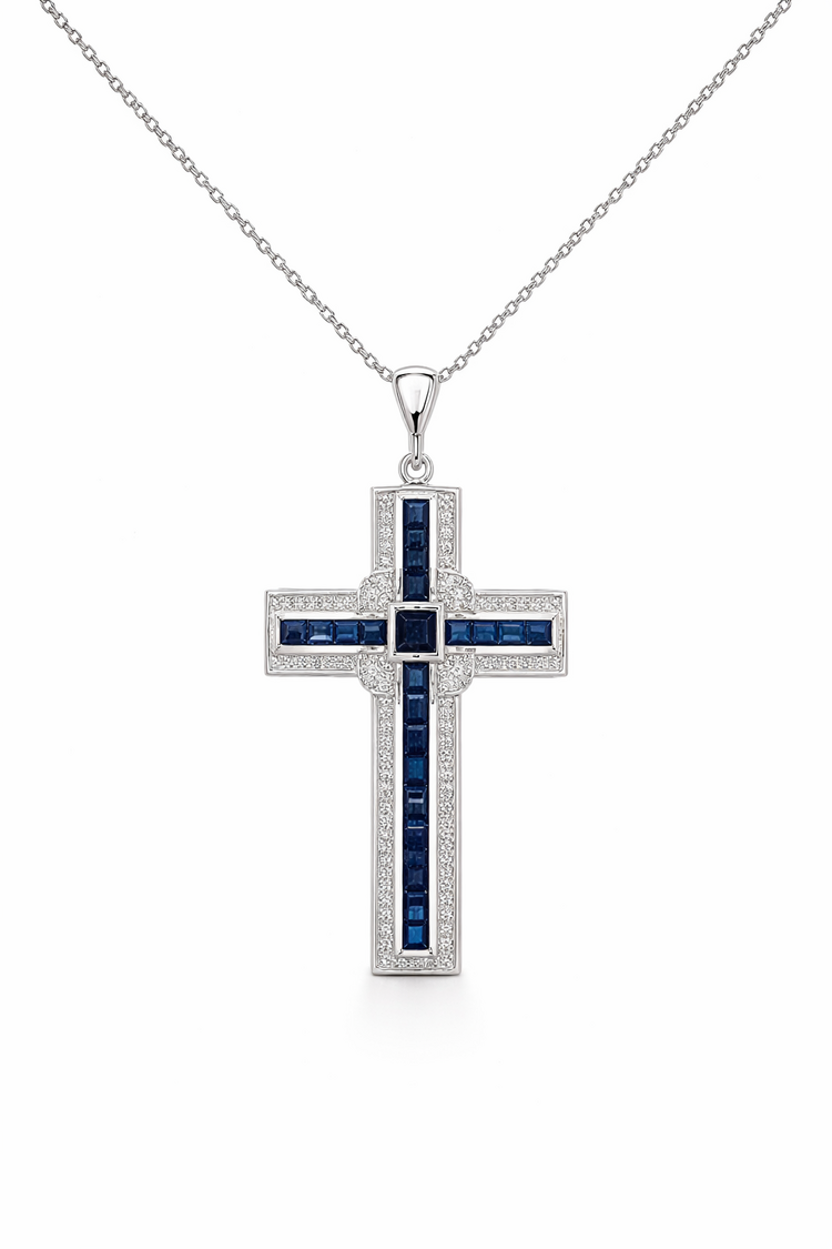 70636 14K WHITE GOLD SAPPHIRE WITH DIAMOND CENTER BORDER CROSS PENDANT