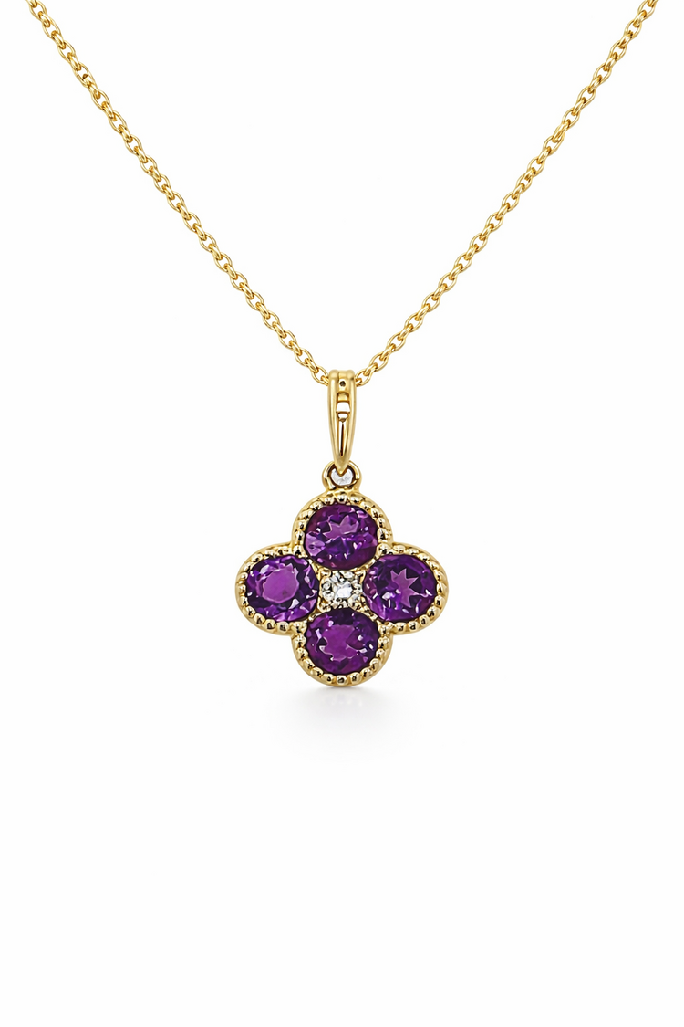 70630 14K YELLOW GOLD .02CTW DIAMOND AMETHYST CLOVER SHAPE MILGRAIN PENDANT NECKLACE
