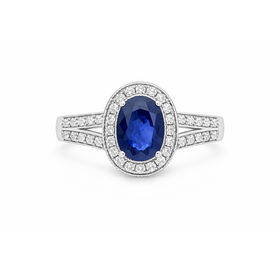 40455 14K WHITE GOLD .35CTW DIAMOND HALO SPLITED SHANK OVAL SAPPHIRE LADIES RING