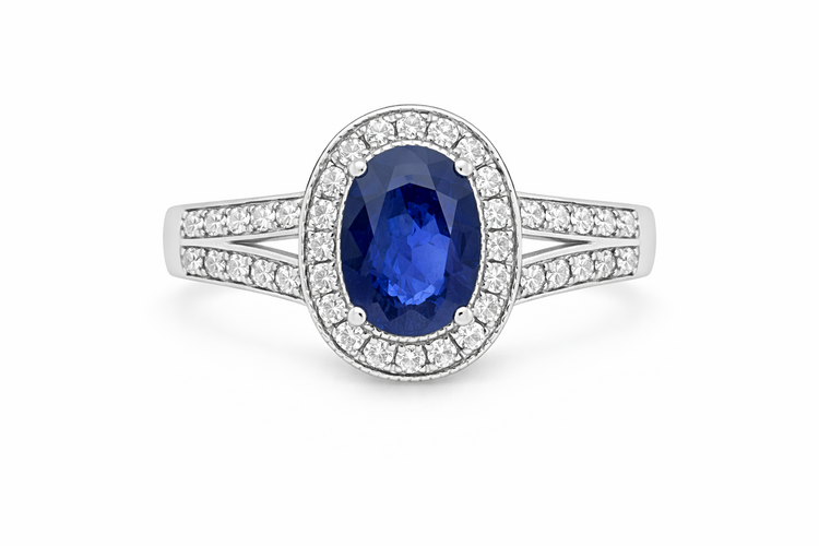 40455 14K WHITE GOLD .35CTW DIAMOND HALO SPLITED SHANK OVAL SAPPHIRE LADIES RING