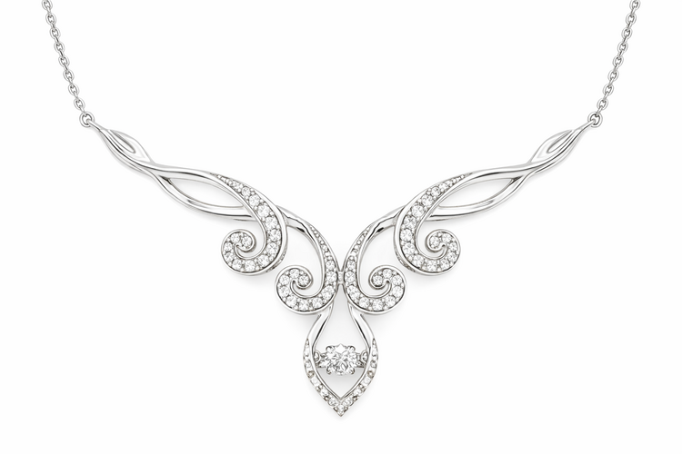 60156 10K WHITE GOLD DANCING DIAMOND WAVY V SHAPE STYLE NECKPIECE