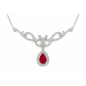 60011 10K WHITE GOLD PEAR SHAPE RUBY WITH  .60TCW DIAMOND VINTAGE STYLE FANCY NECKPIECE