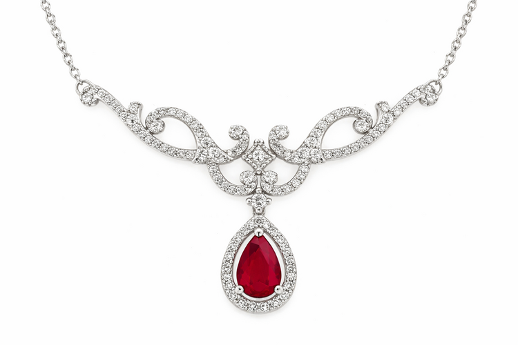60011 10K WHITE GOLD PEAR SHAPE RUBY WITH  .60TCW DIAMOND VINTAGE STYLE FANCY NECKPIECE