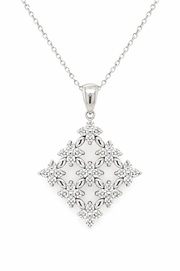 70691 18K WHITE GOLD .75CTW DIAMOND RHOMBUS SHAPE FLORAL PENDANT WITH 14K WHITW GOLD CHAIN NECKLACE