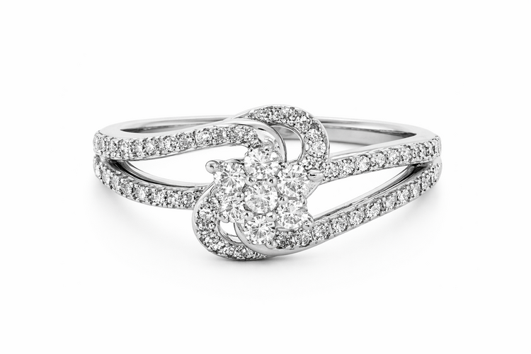 40205 14K. WHITE GOLD DIAMOND .50CT FLORAL CLUSTER RING WITH A SWIRL