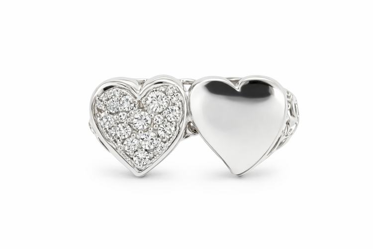 40279 14K WHITE GOLD DOUBLE HEART RING WITH ONE DIAMOND PAVE HEART