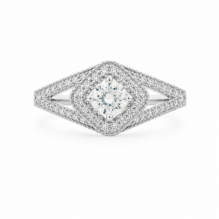 475336 14K WHITE GOLD .34TCW DIAMOND ROUND CENTER MILGRAIN SPLIT SHANK DESIGN ANTIQUE ENGAGEMENT RING