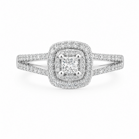 475313 14K WHITE GOLD .36CTW  HALO PRINCESS CUT CENTER WITH SPLIT DIAMOND SHANK  RING