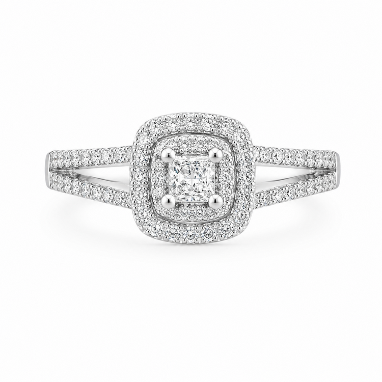 475313 14K WHITE GOLD .36CTW  HALO PRINCESS CUT CENTER WITH SPLIT DIAMOND SHANK  RING