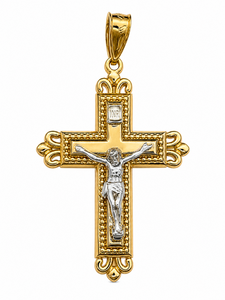 77174 14K 2 TONE INRI  MILGRAIN DESIGN  ROUNDED EDGES CRUCIFIX