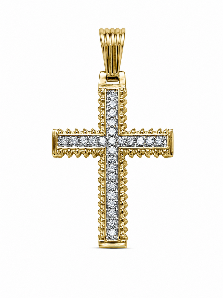 77332  14K YELLOW GOLD .48CTW DIAMOND BEADED BORDER CUFFED TIPS CROSS CHARM