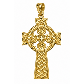 77218 14K YELLOW GOLD 1.15" CELTIC CROSS DIAMOND CUT AND MATTE FINISH
