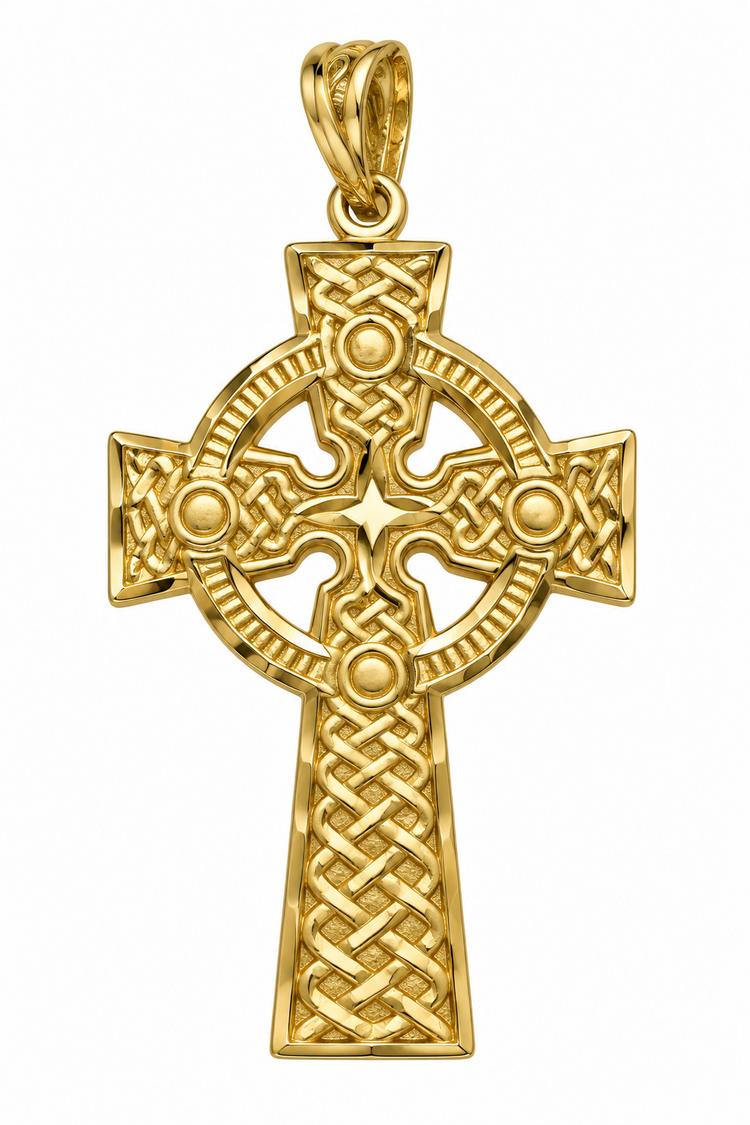 77218 14K YELLOW GOLD 1.15" CELTIC CROSS DIAMOND CUT AND MATTE FINISH