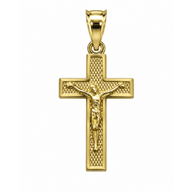 77326 14K YELLOW GOLD 1" DIAMOND CUT EDGES TEXTURED CRUCIFIX