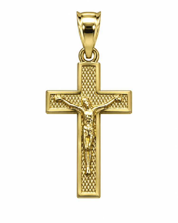 77326 14K YELLOW GOLD 1" DIAMOND CUT EDGES TEXTURED CRUCIFIX