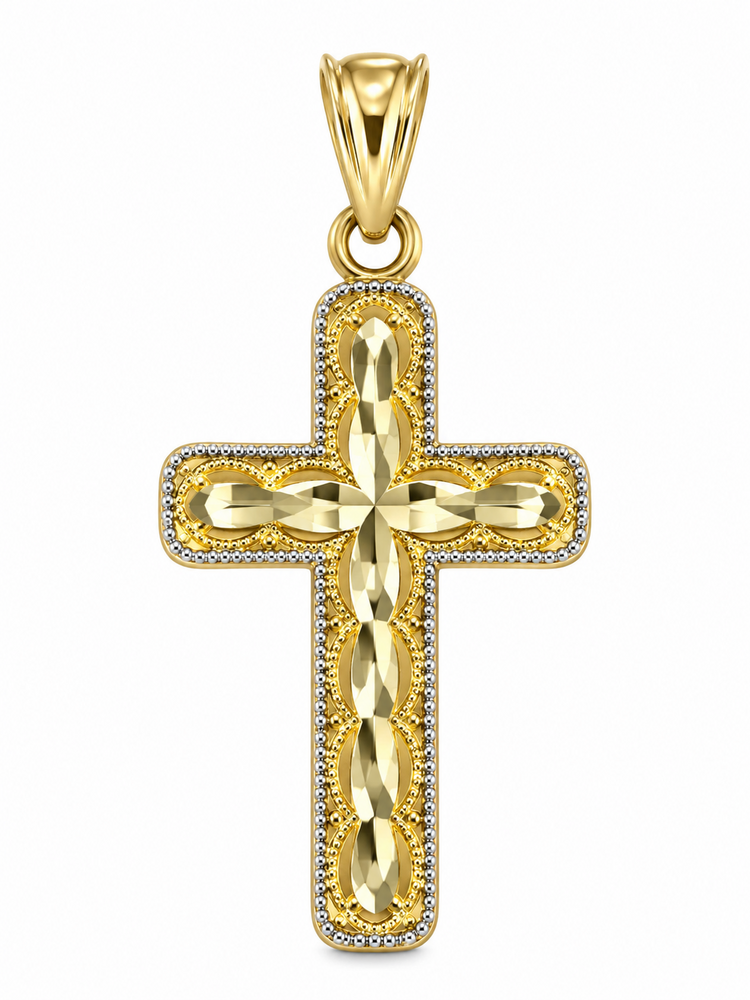 77321 14K TWO TONE 1.15" DIAMOND CUT MILGRAIN CUT OUT STYLE FANCY CROSS