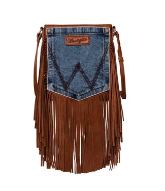 Wrangler Brown Leather Fringe Jean Denim Pocket Crossbody