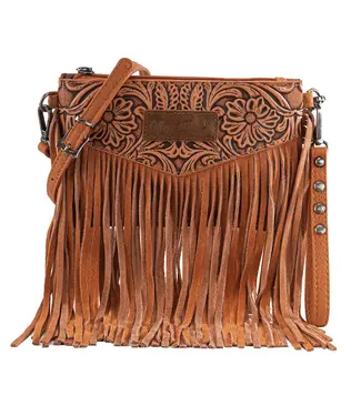 Wrangler Light Brown Vintage Floral Tooled Collection Fringe Crossbody