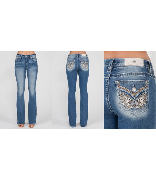 MISS ME Jeans Flower Feather Mid-Rise Bootcut