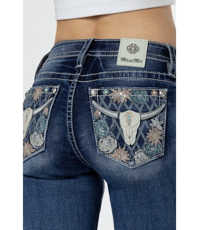 MISS ME Jeans Bloom Mid-Rise Boot Cut Leather Longhorn