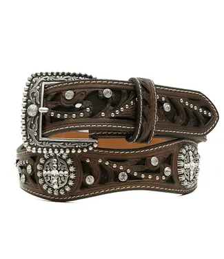 Ariat Brown Scroll Inlay Crystal Embellished Scalloped Belt