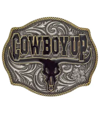 Montana Silversmiths Boucle de Ceinture Cowboy Up Says The Bull Two-Tone Attitude