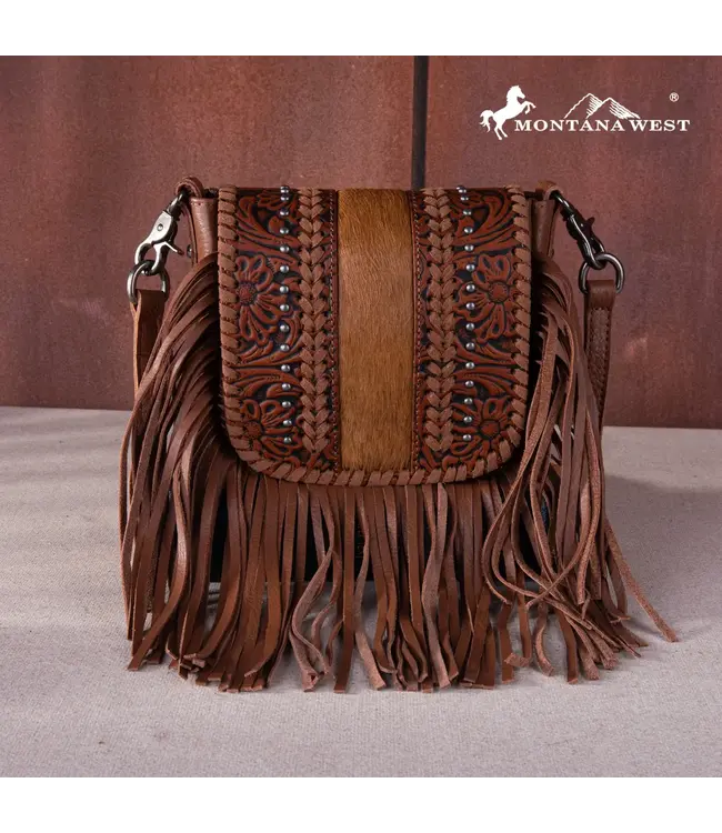 MONTANA WEST Genuine Leather Tooled Fringe Crossbody