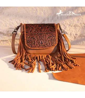 MONTANA WEST Genuine Leather Tooled Fringe Chesnut Crossbody