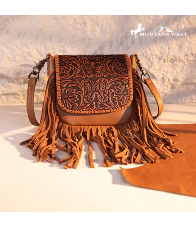 MONTANA WEST Sacoche Leather Tooled Collection Fringe Crossbody Chesnut