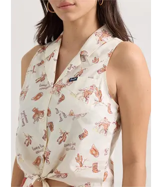 Wrangler Bold Printed Sleeveless Tie Front White Shirt