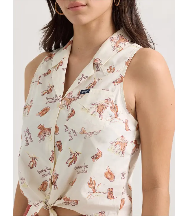 Wrangler Bold Printed Sleeveless Tie Front White Shirt