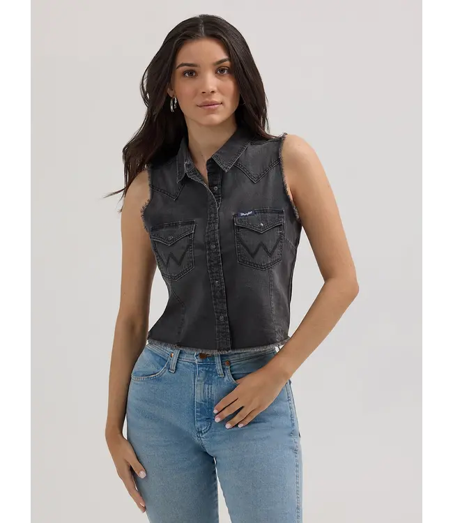 Wrangler Frayed Denim Crop Western Snap Tank