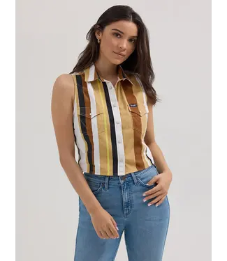 Wrangler Camisole Stripe Slim Crop Snap Tank Tan/Blanc