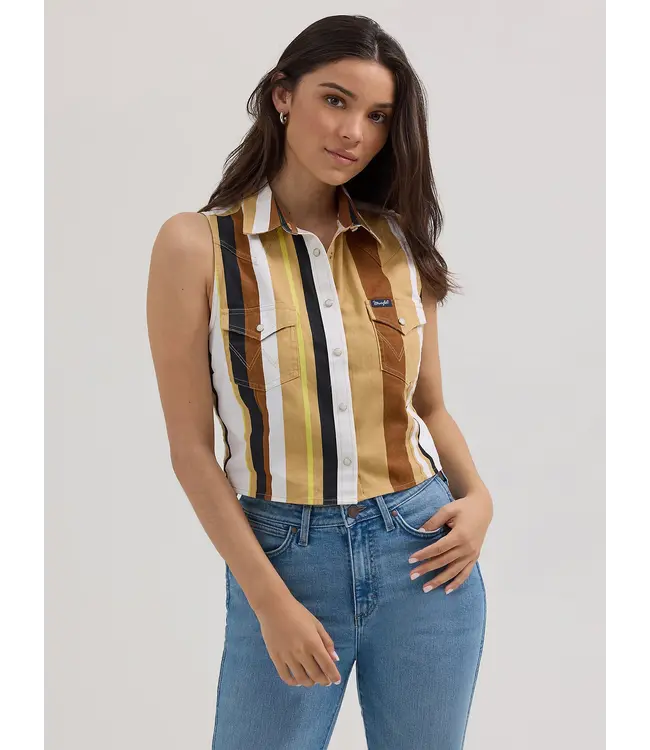 Wrangler Camisole Stripe Slim Crop Snap Tank Tan/Blanc