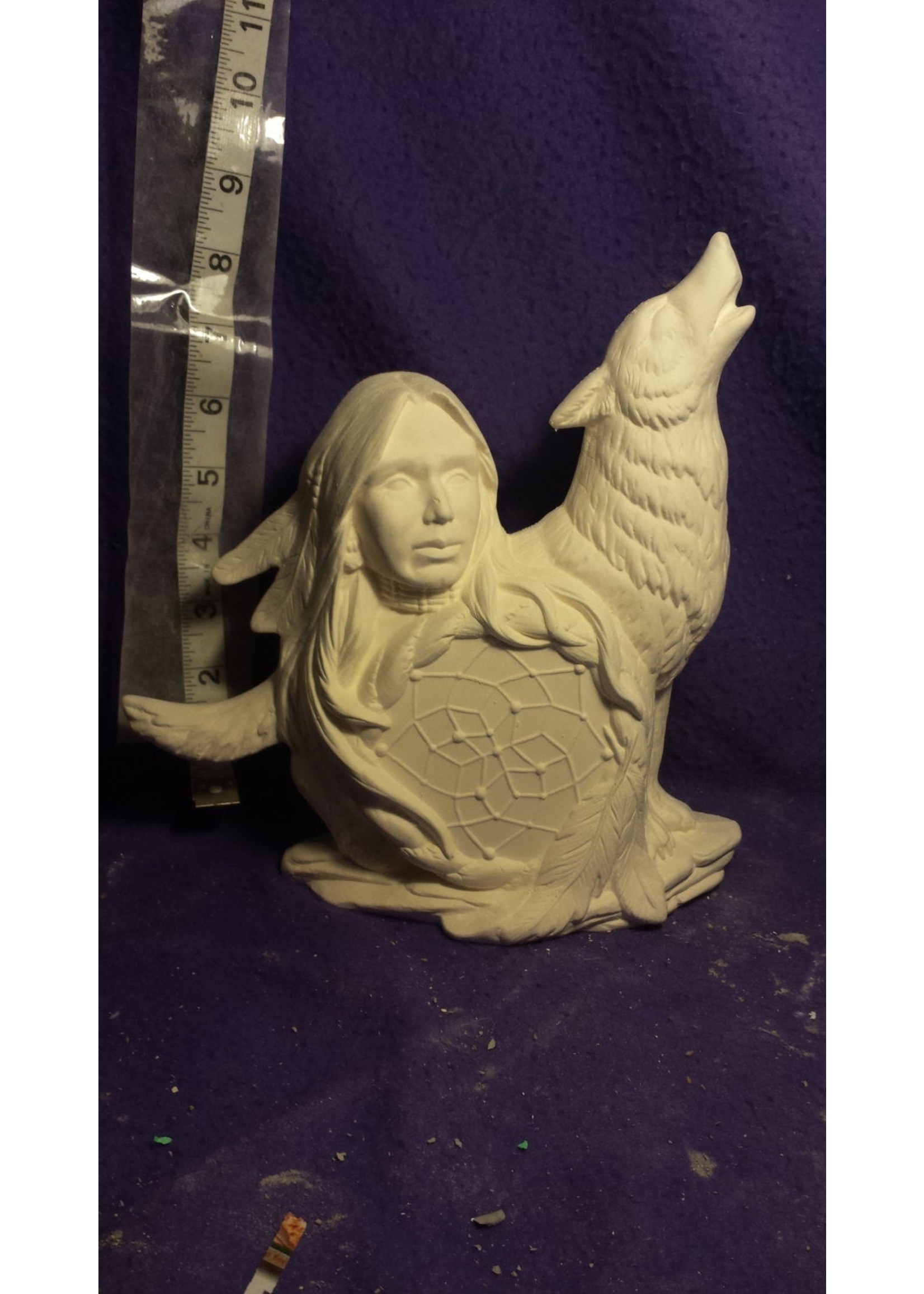 Creative Kreations Ceramics and Gifts Native Wolf dreamcatcher 8" ready to paint ceramic bisque