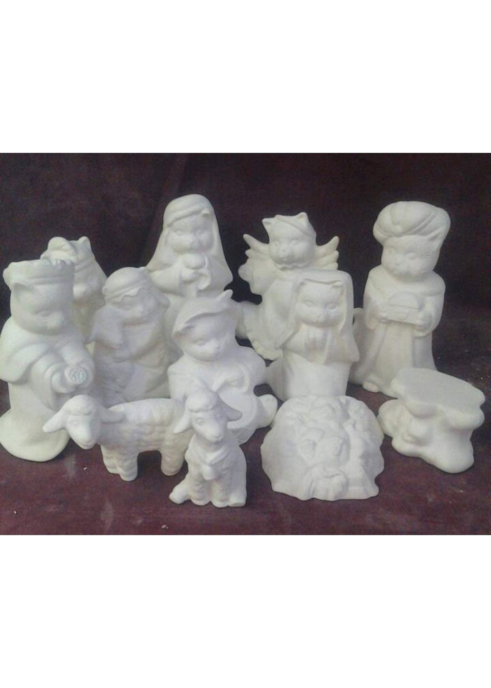 Creative Kreations Ceramics and Gifts Cat Nativity 12 piece 3" - 5" ceramic bisque, ready to paint