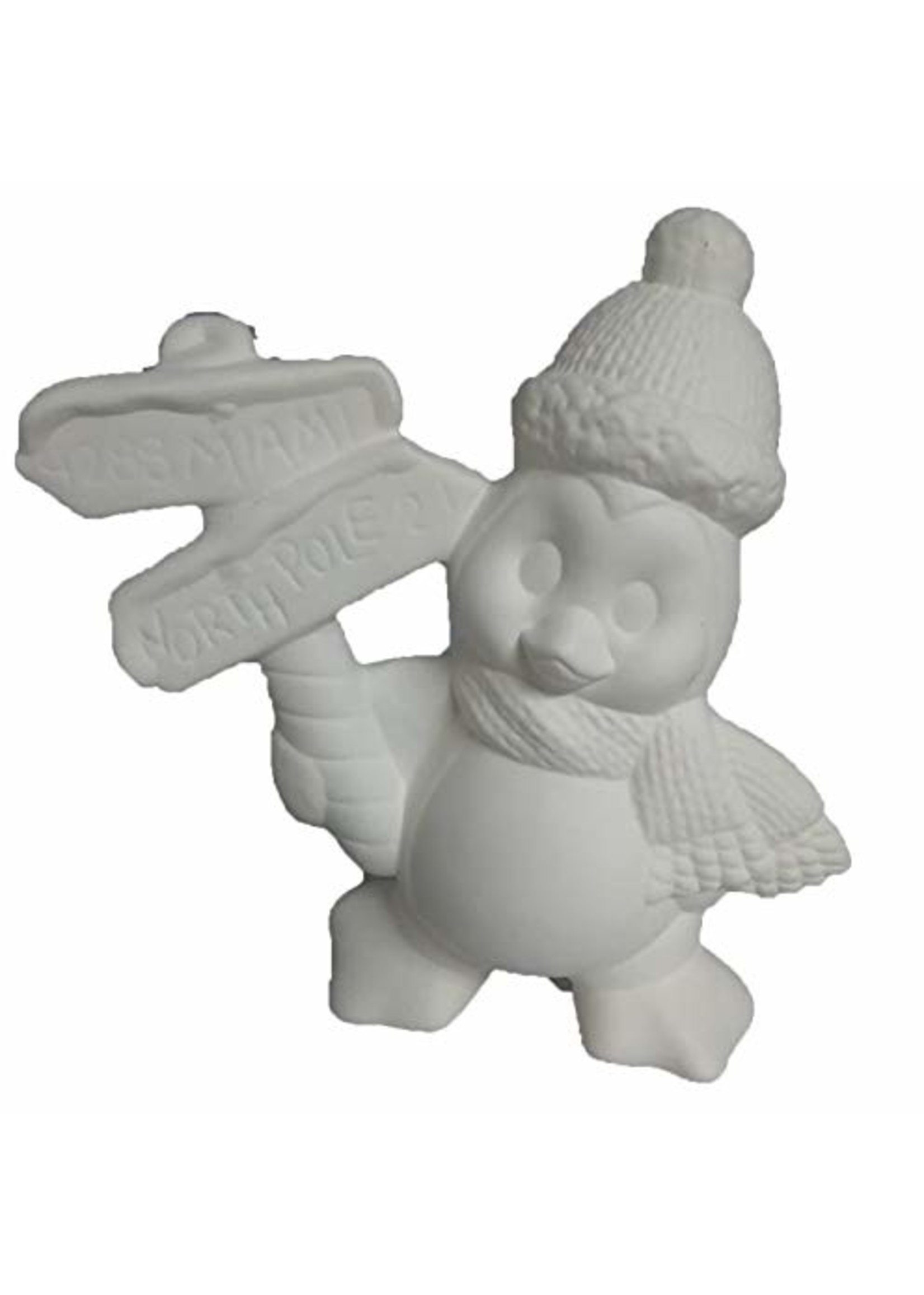 Creative Kreations Ceramics and Gifts Penguin Holding North Pole Sign 6" Ceramic Bisque, Ready to Paint