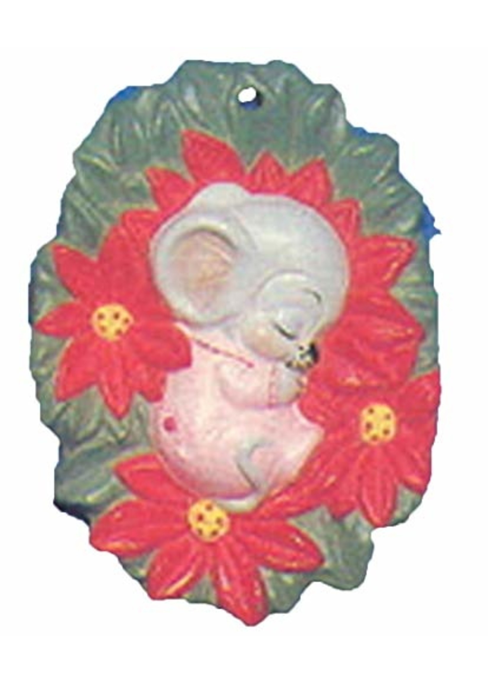 Creative Kreations Ceramics and Gifts Mouse Sleeping on Poinsettia 3" Ornament Ceramic Bisque Ready to Paint