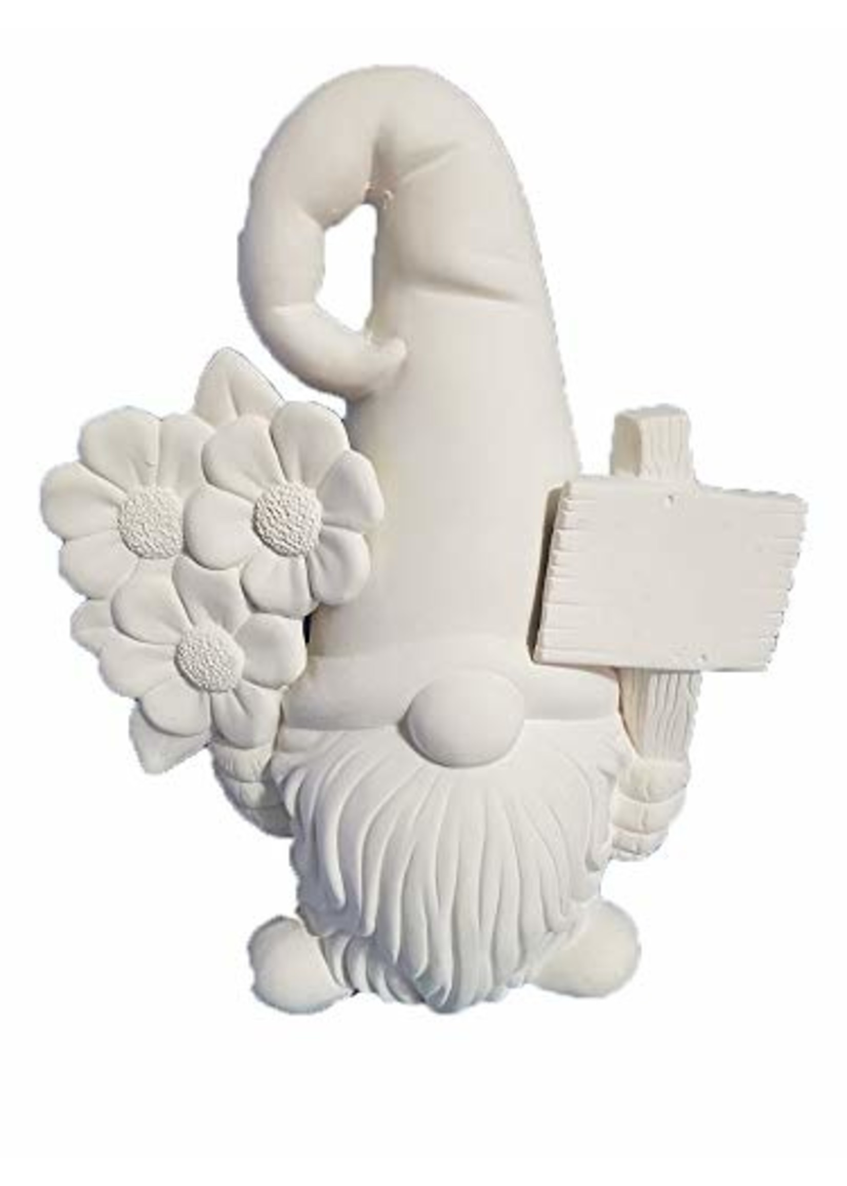 Creative Kreations Ceramics and Gifts Garth Gnome 16" with Sign and Flowers Ceramic Bisque, Ready to Paint