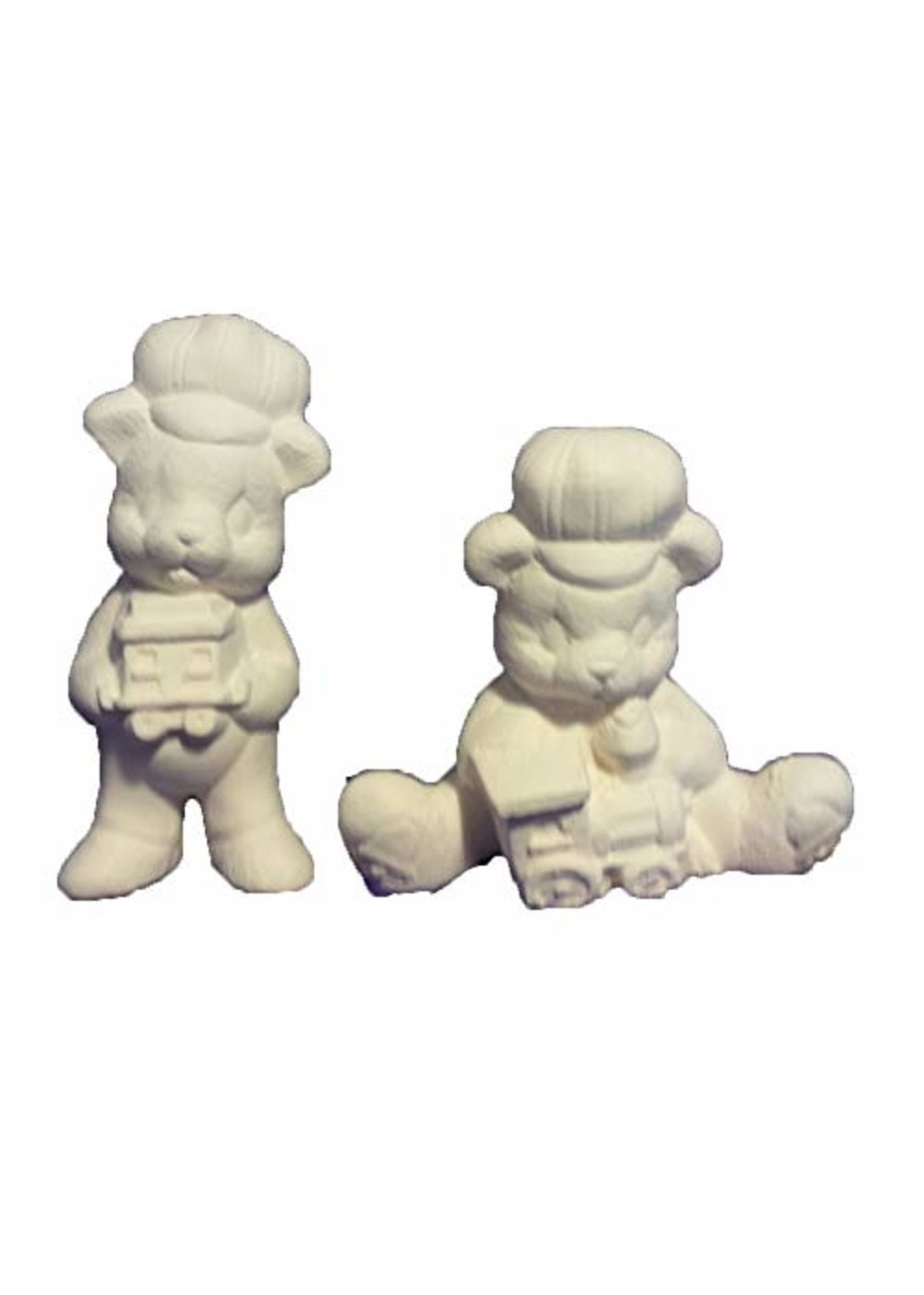 Creative Kreations Ceramics and Gifts Teddy Bear w Train Ornaments 3" Set of 2 Ceramic Bisque, Ready to Paint