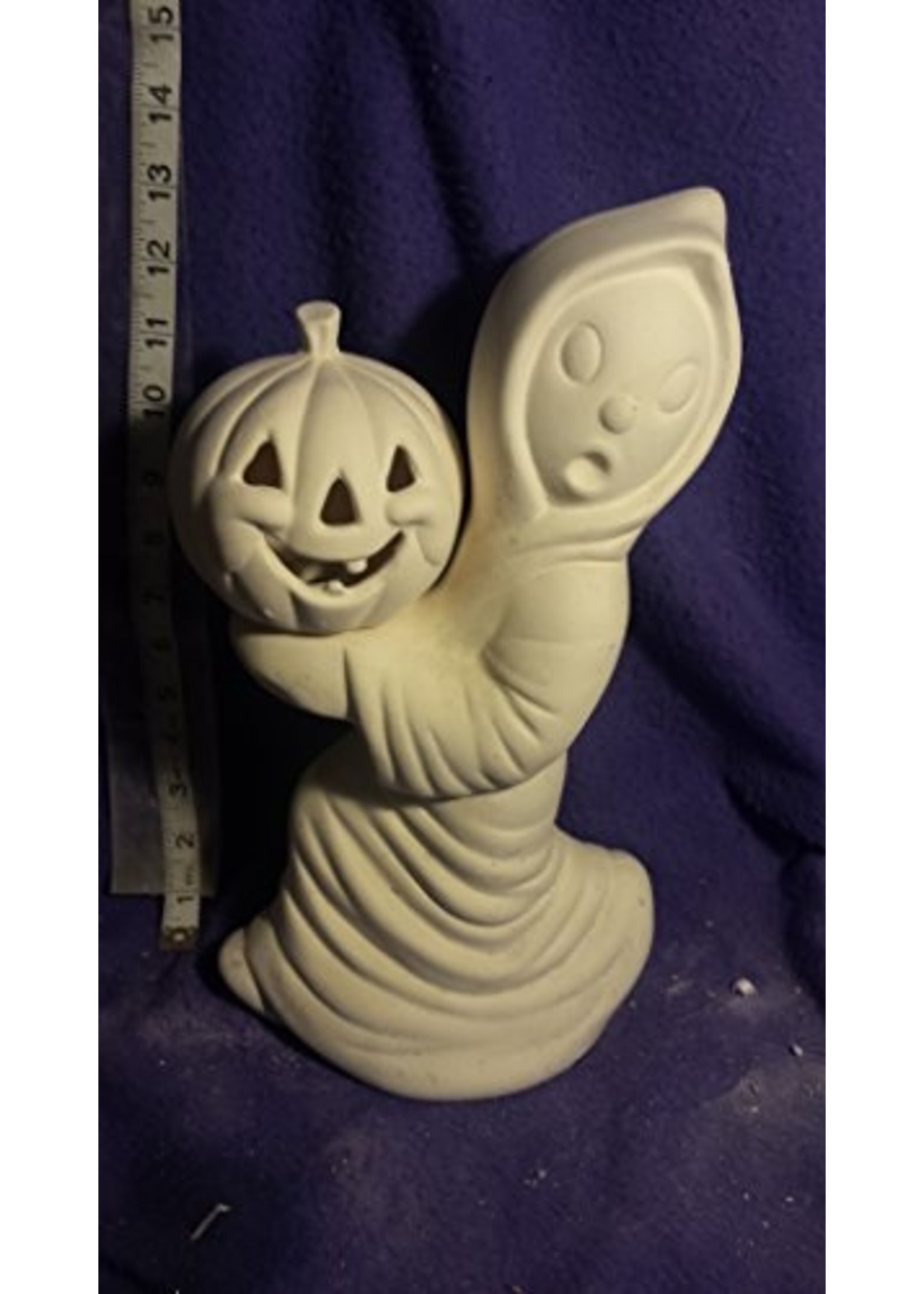 Ghost Holding Pumpkin 12" x 7" ceramic bisque U paint with corded clip light 