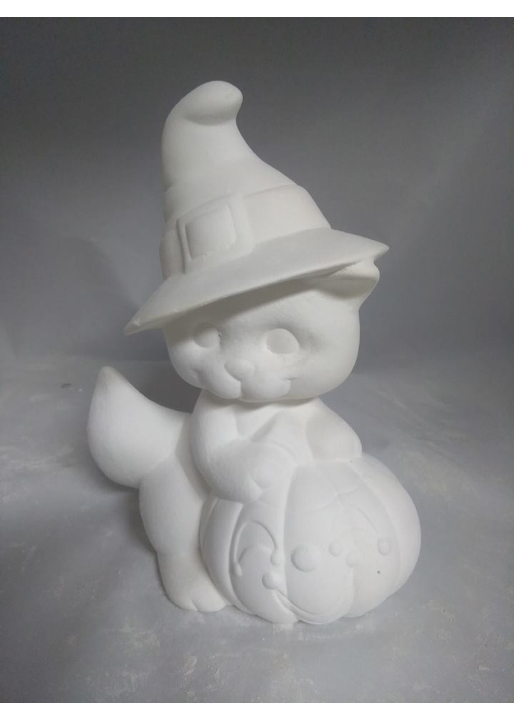Creative Kreations Ceramics and Gifts Witch Kitten  with Pumpkin 7" Ceramic Bisque, Ready to Paint