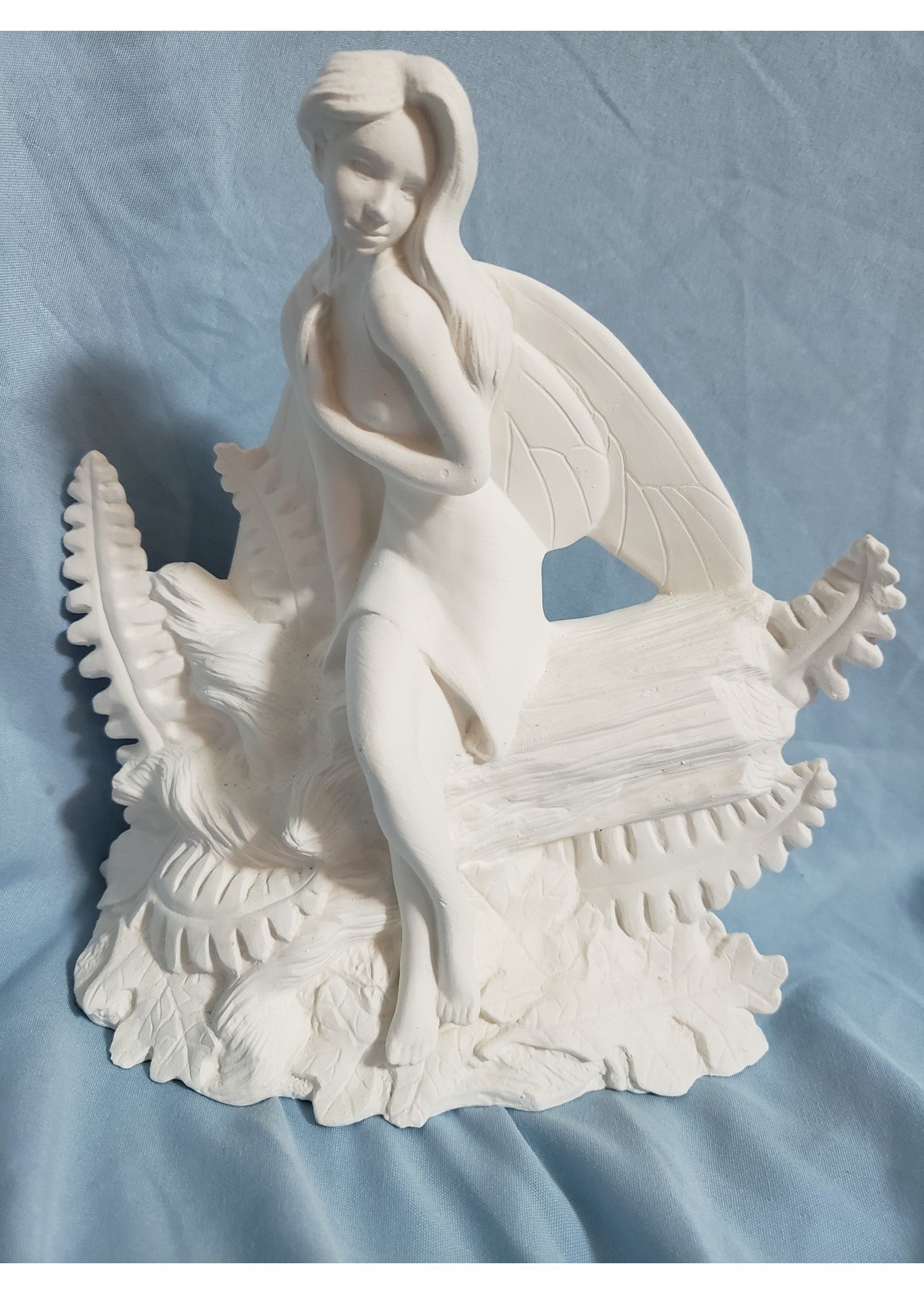 Creative Kreations Ceramics and Gifts Woodland Sitting Fairy on Log 7" Ceramic Bisque, Ready to Paint